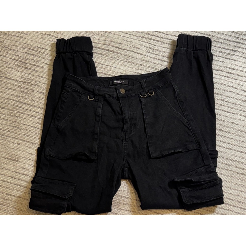 American Bazi Black Cargo Jogger Pants High Waisted Utility RJJ-3440 Small